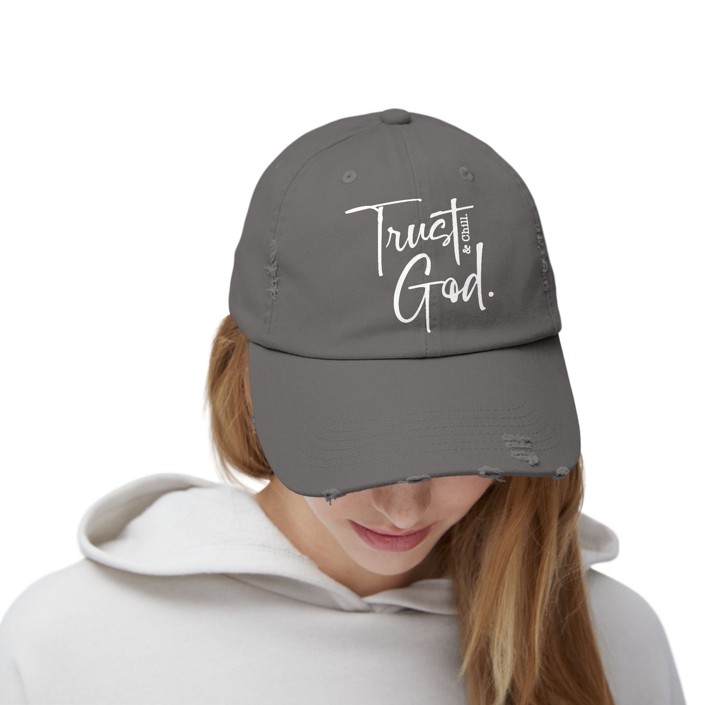 Trust God and Chill" Distressed Dad Hat