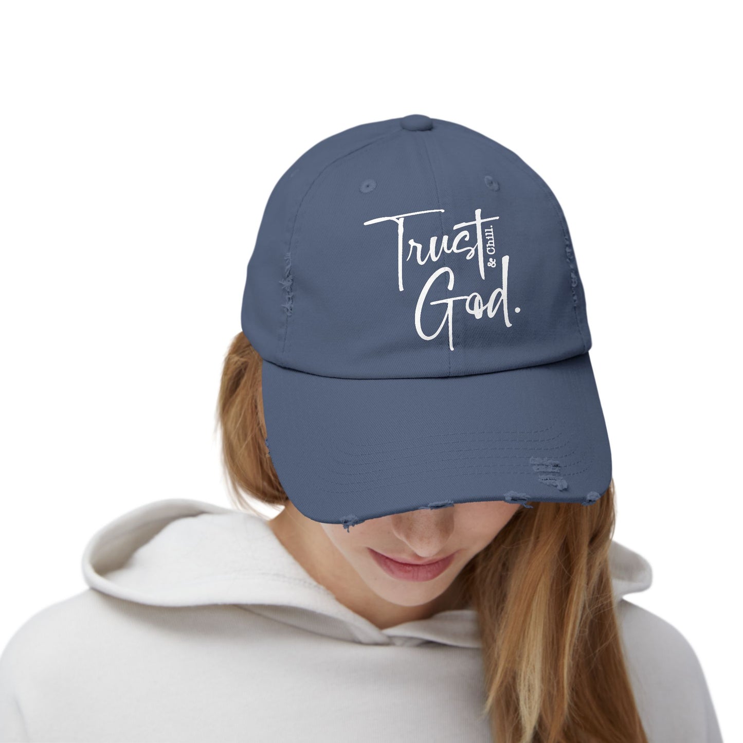 Trust God and Chill" Distressed Dad Hat