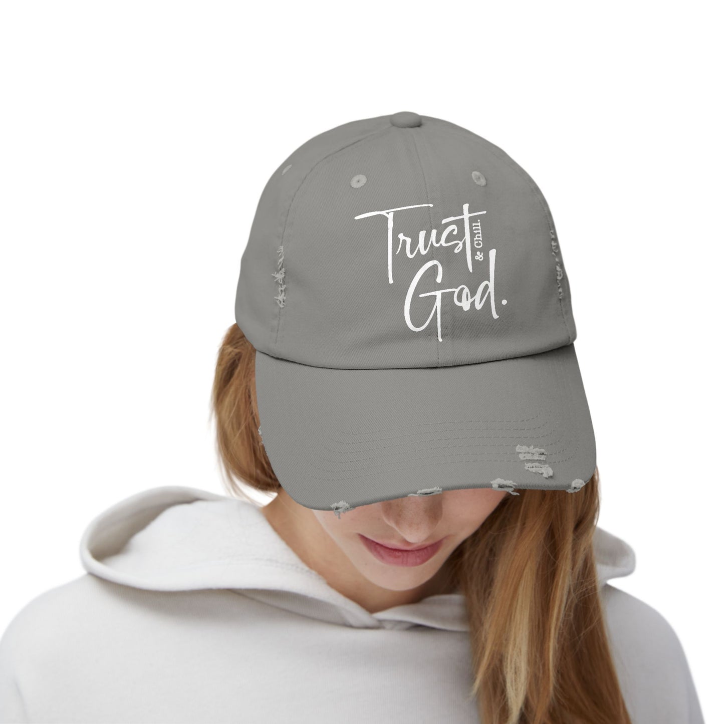 Trust God and Chill" Distressed Dad Hat