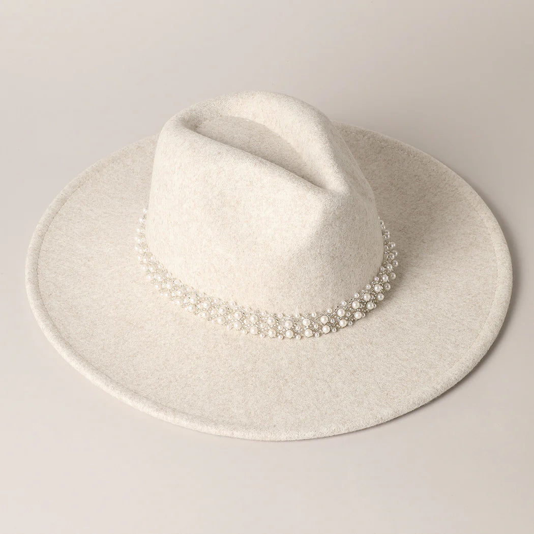 Pearl Detail Felt Fedora Panama Hat