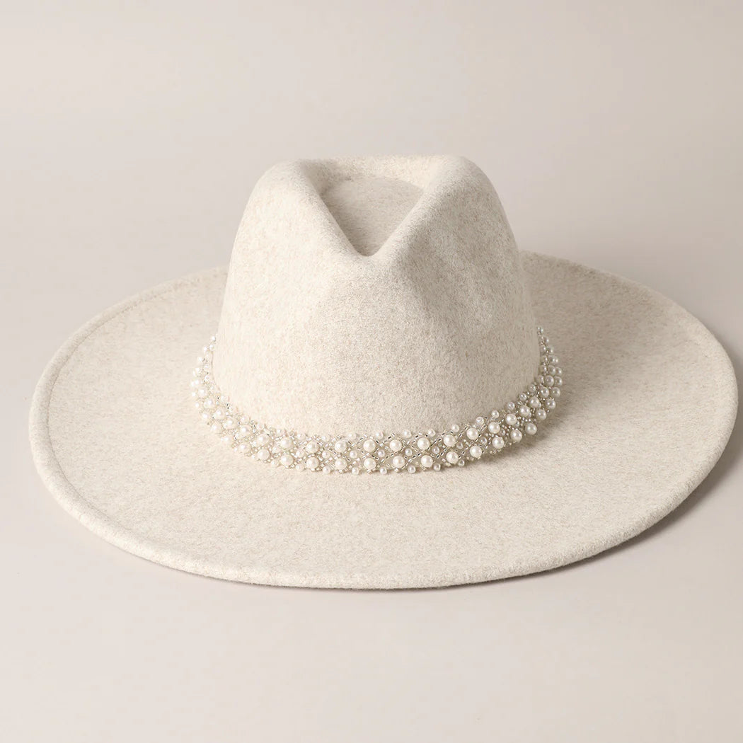 Pearl Detail Felt Fedora Panama Hat