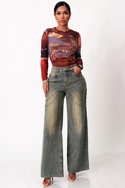 All Over Graphic Sheer Mesh Long Sleeve Top
