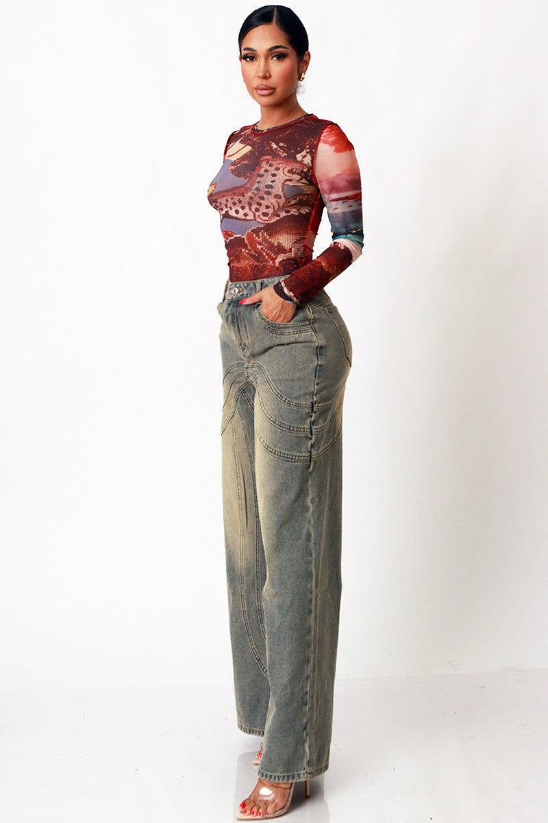 All Over Graphic Sheer Mesh Long Sleeve Top