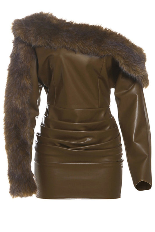 Fur & Faux Leather One-Shoulder Dress