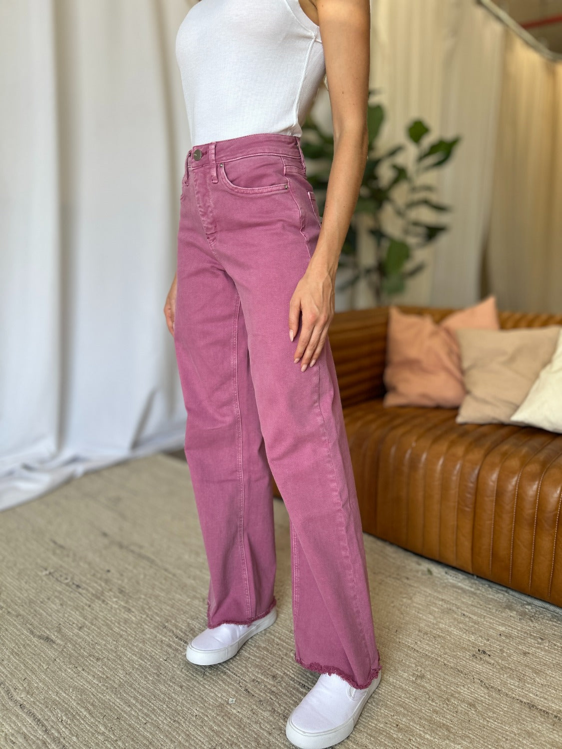 High Rise Garment Dye Wide Leg Jeans