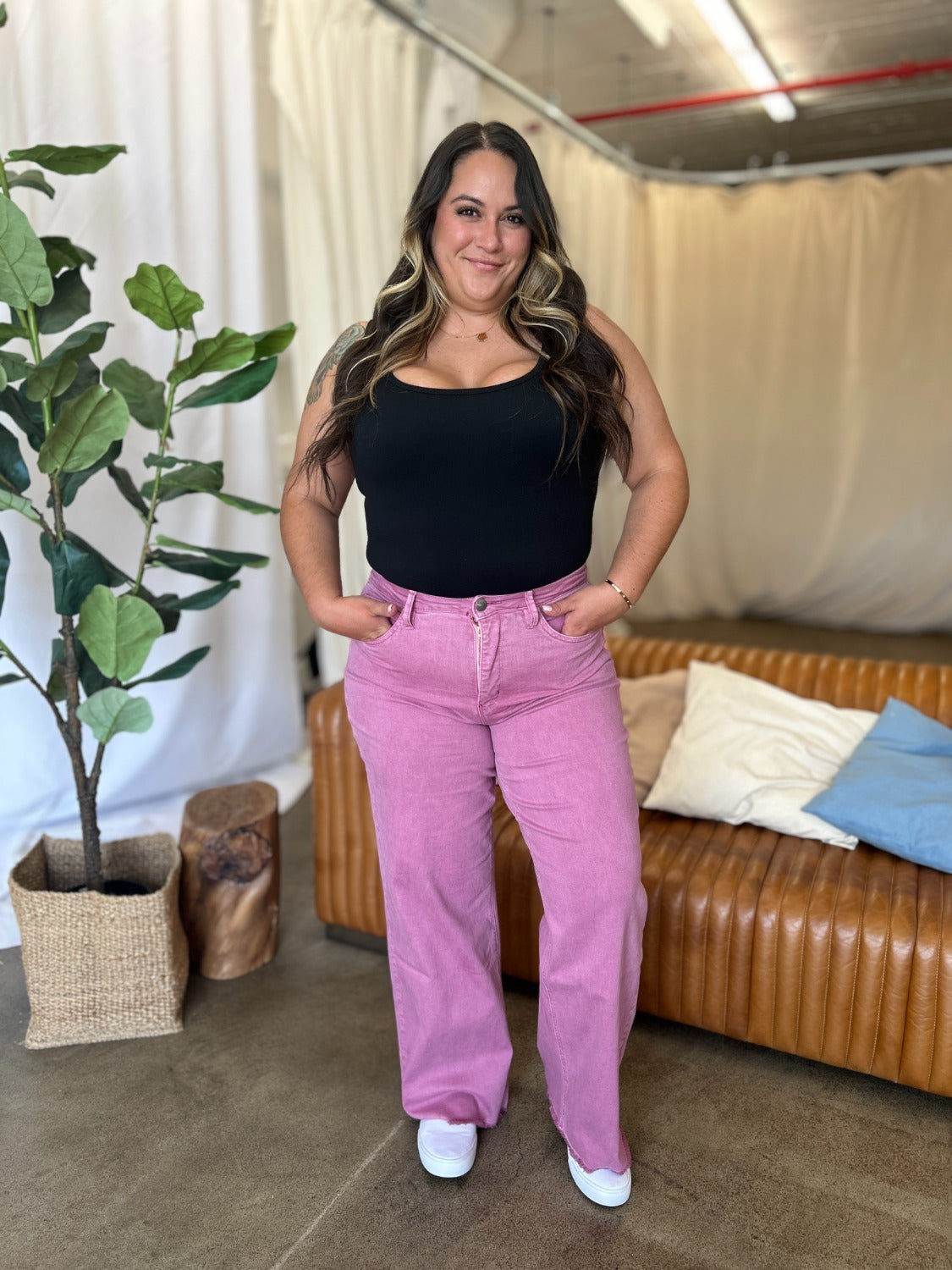 High Rise Garment Dye Wide Leg Jeans