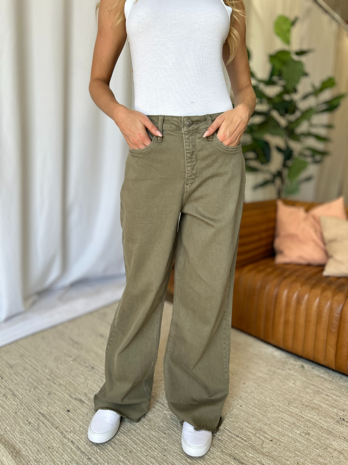 High Rise Garment Dye Wide Leg Jeans