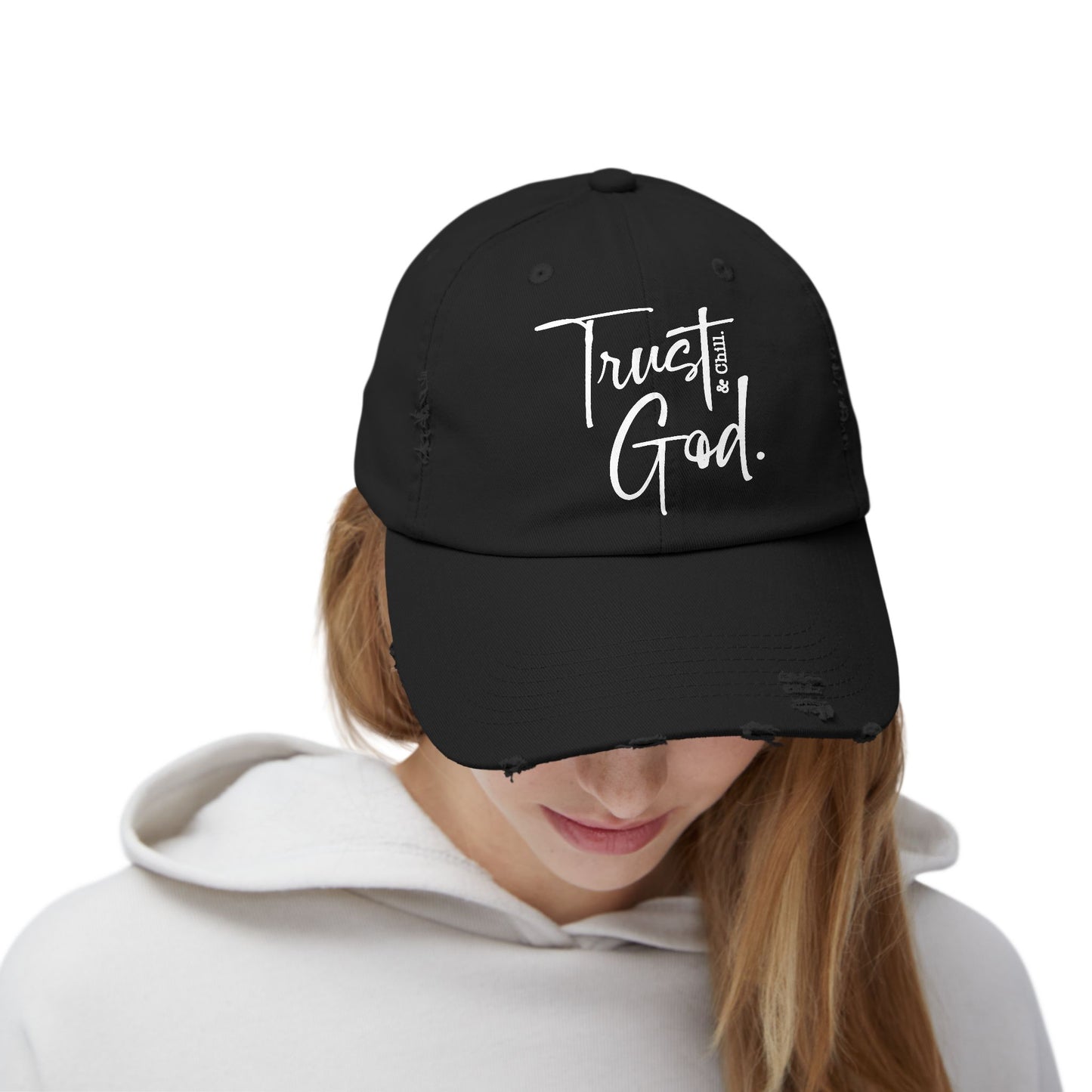 Trust God and Chill" Distressed Dad Hat