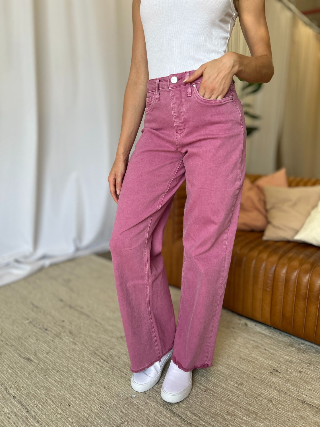 High Rise Garment Dye Wide Leg Jeans