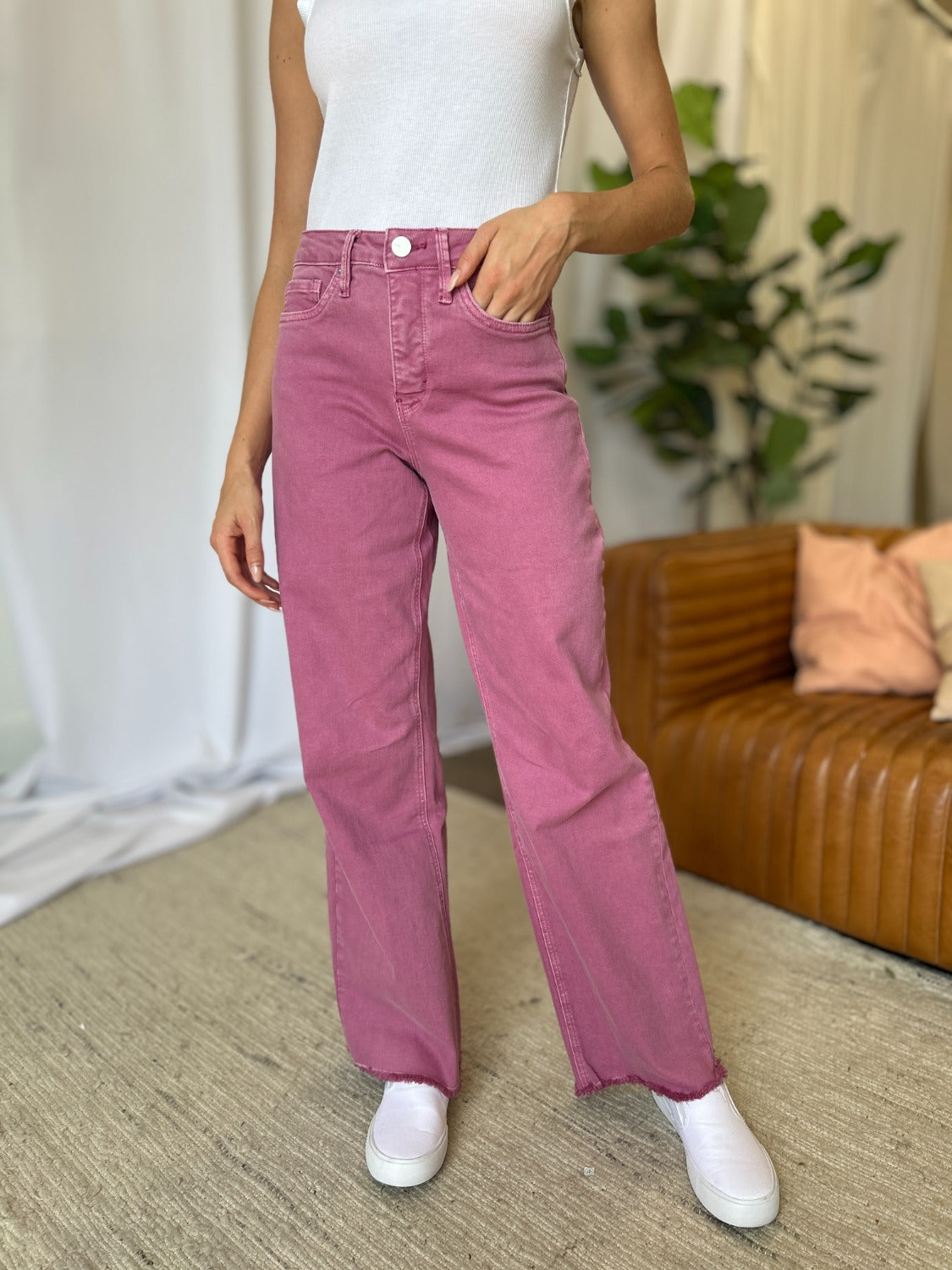 High Rise Garment Dye Wide Leg Jeans