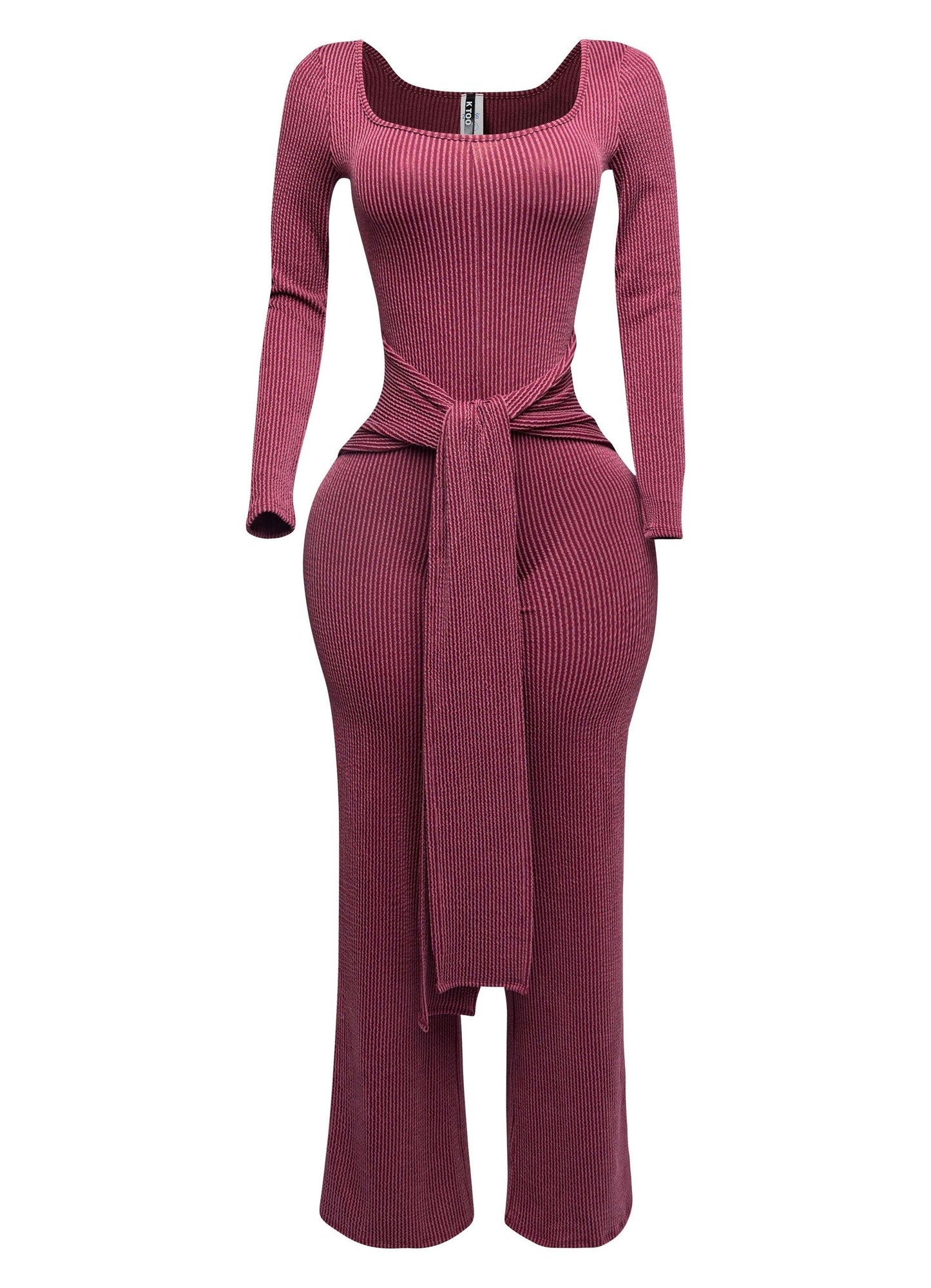 Ribbed Long Sleeve Jumpsuit With Tie