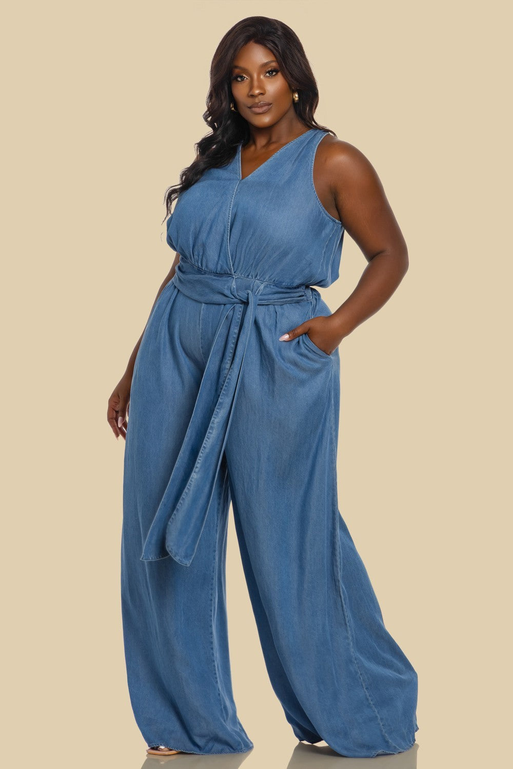 V-NECK SLEEVELESS SUPER WIDE LEG JUMPSUIT