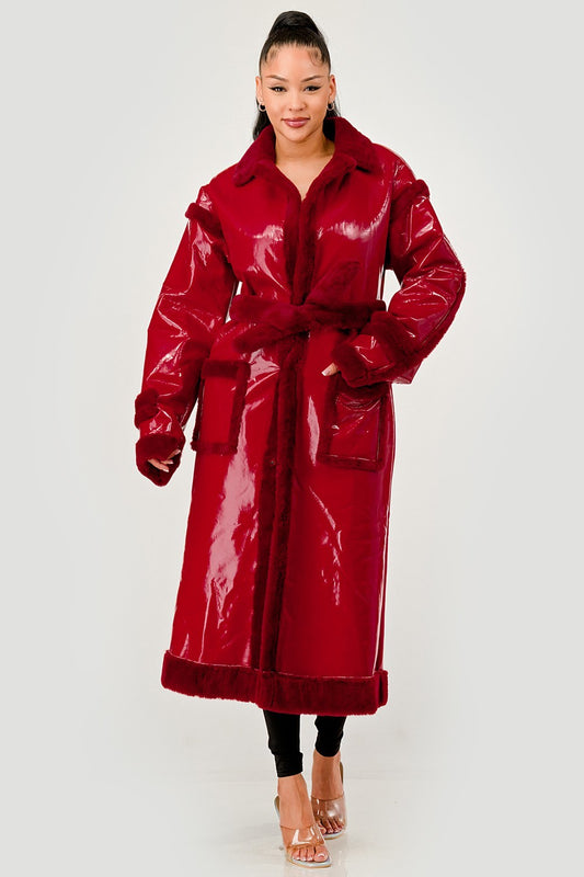 Gloss & Fur Glam" Full-Length Patent Trench Coat