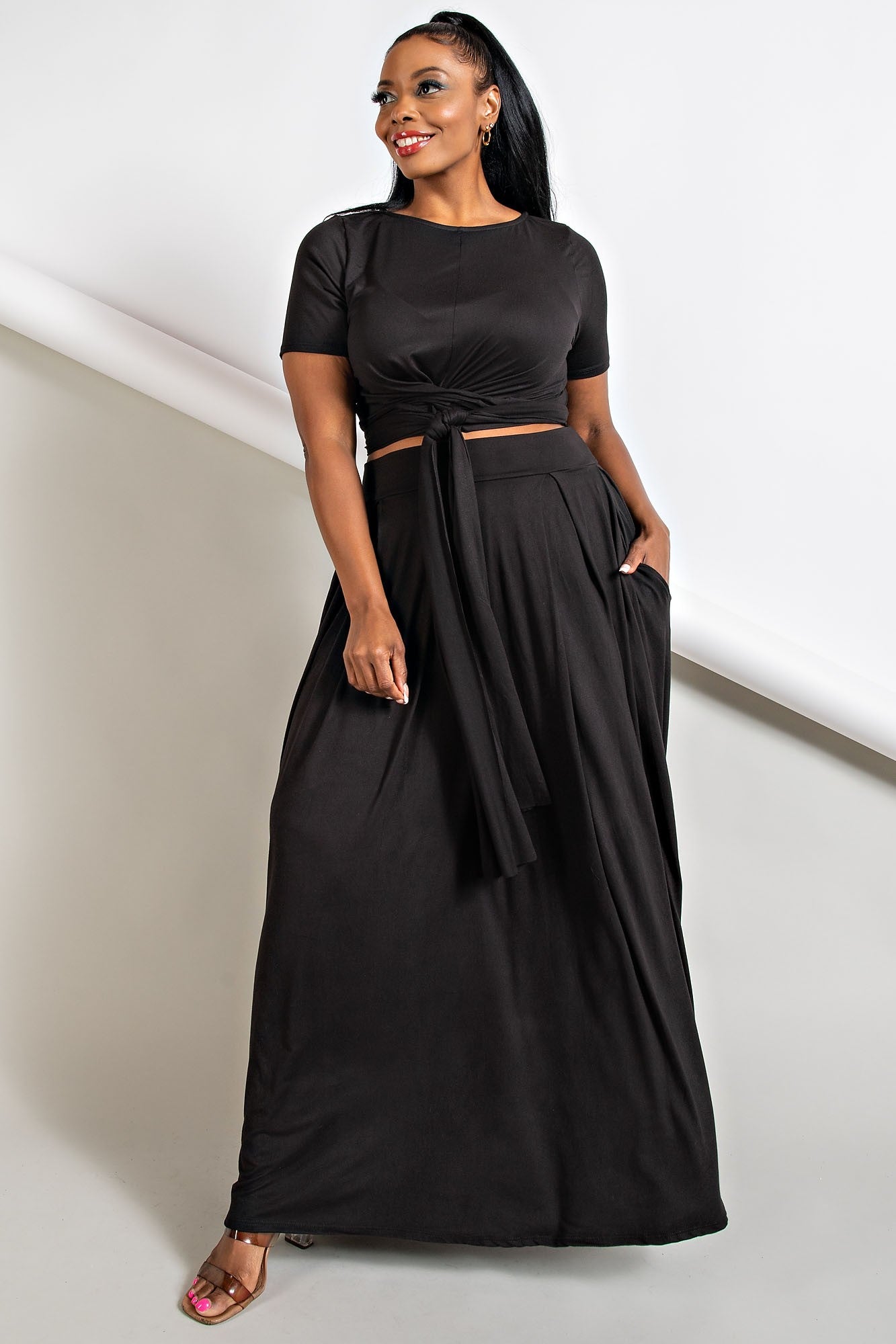 Soft Knit Wrap Around Top Maxi Skirt Set