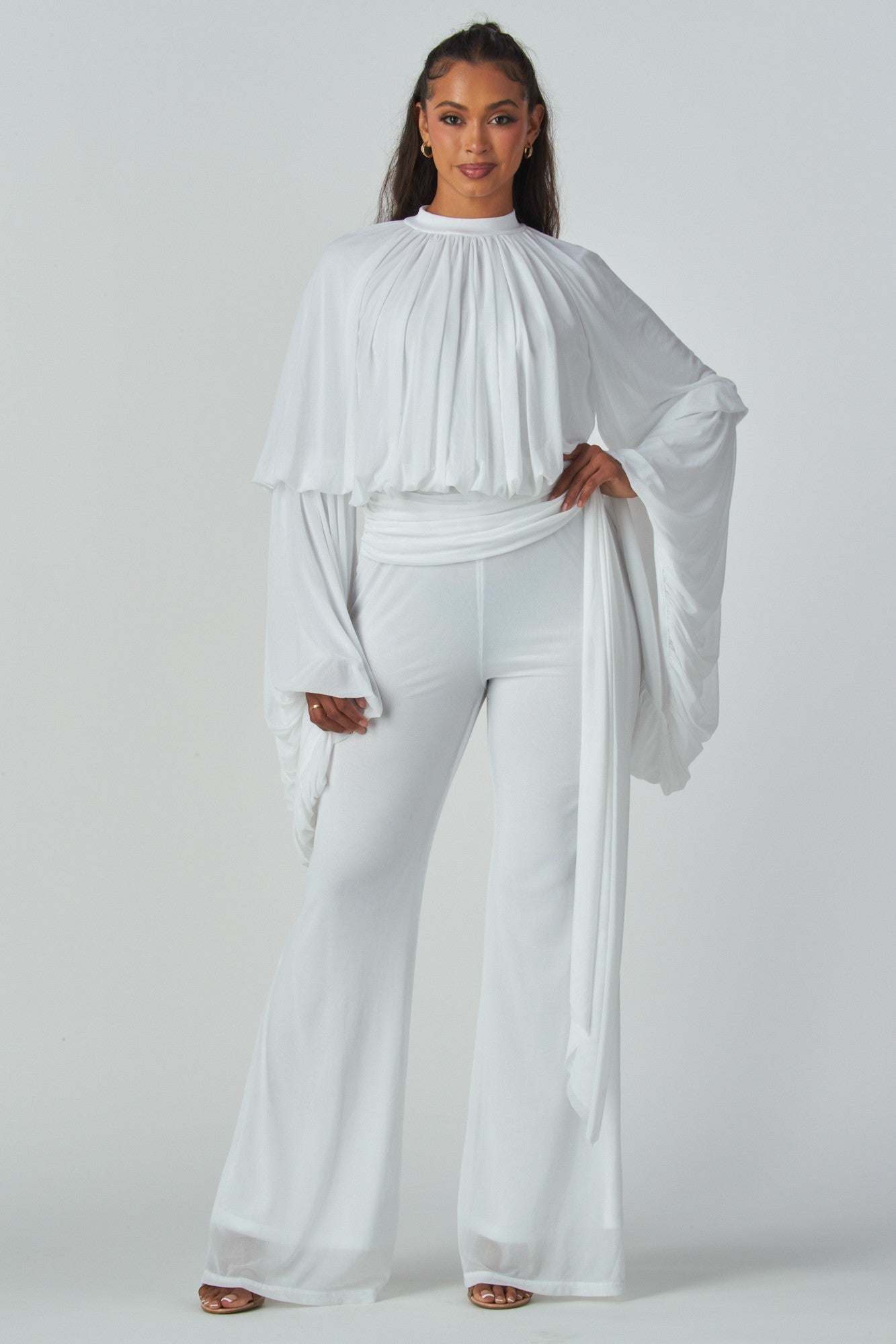 Draped Elegance Bell Sleeve Jumpsuit