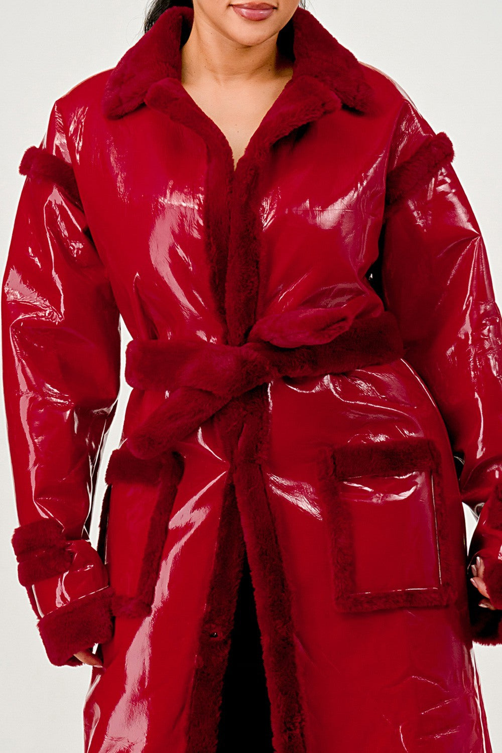 Gloss & Fur Glam" Full-Length Patent Trench Coat