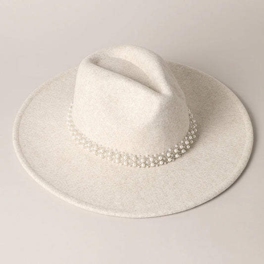Pearl Detail Felt Fedora Panama Hat