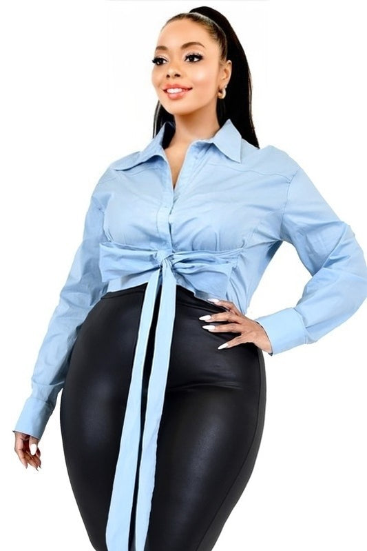 Poplin Tie Waist Crop Shirt