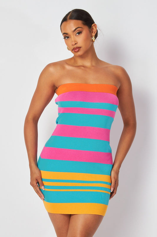 Our At Sunset Multi-Color Striped Strapless Mini Dress