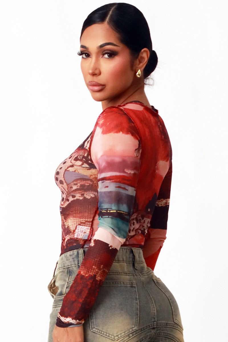 All Over Graphic Sheer Mesh Long Sleeve Top