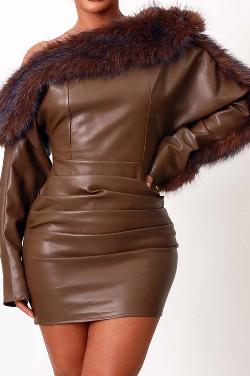 Fur & Faux Leather One-Shoulder Dress
