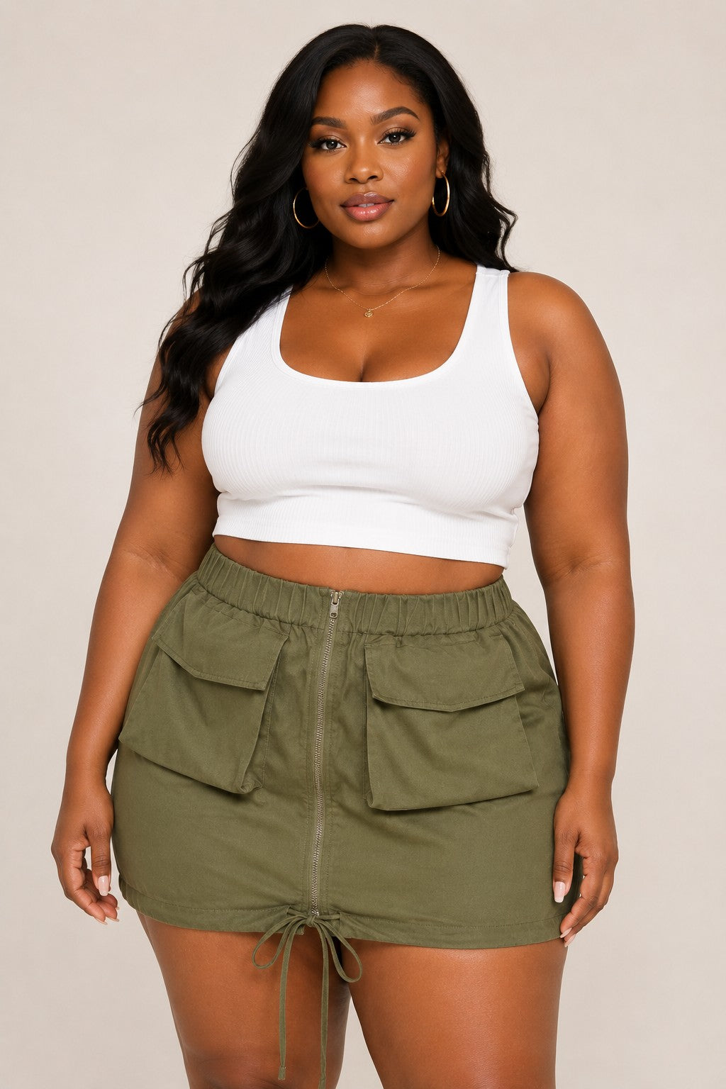 Plus Size Camo Front Zip Up Drawstring Hem Cargo Mini Skirt