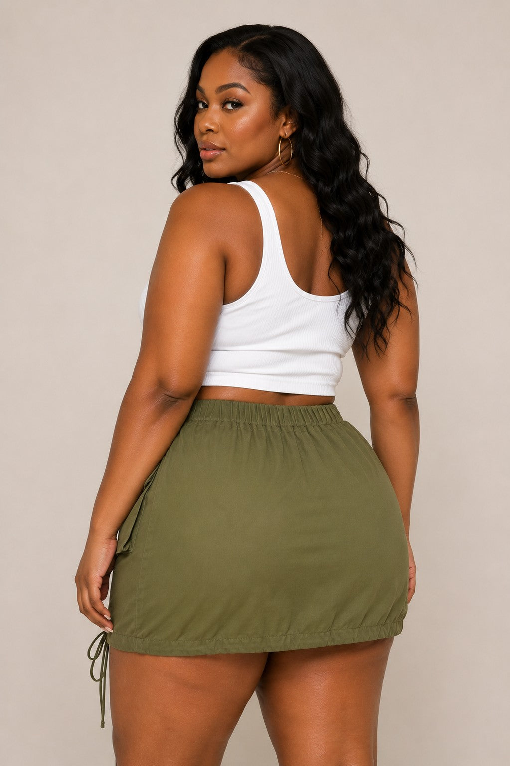 Plus Size Camo Front Zip Up Drawstring Hem Cargo Mini Skirt