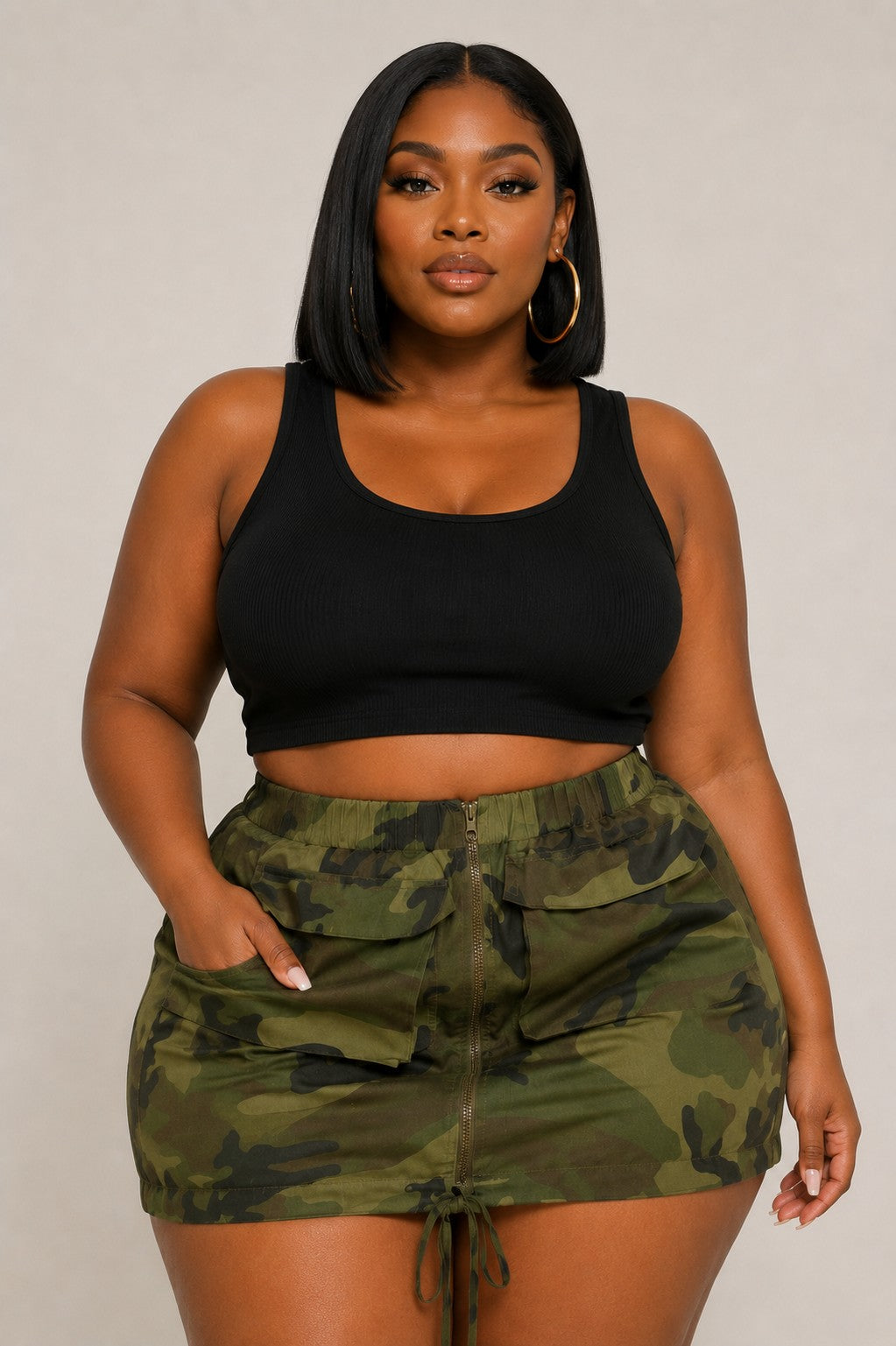Plus Size Camo Front Zip Up Drawstring Hem Cargo Mini Skirt
