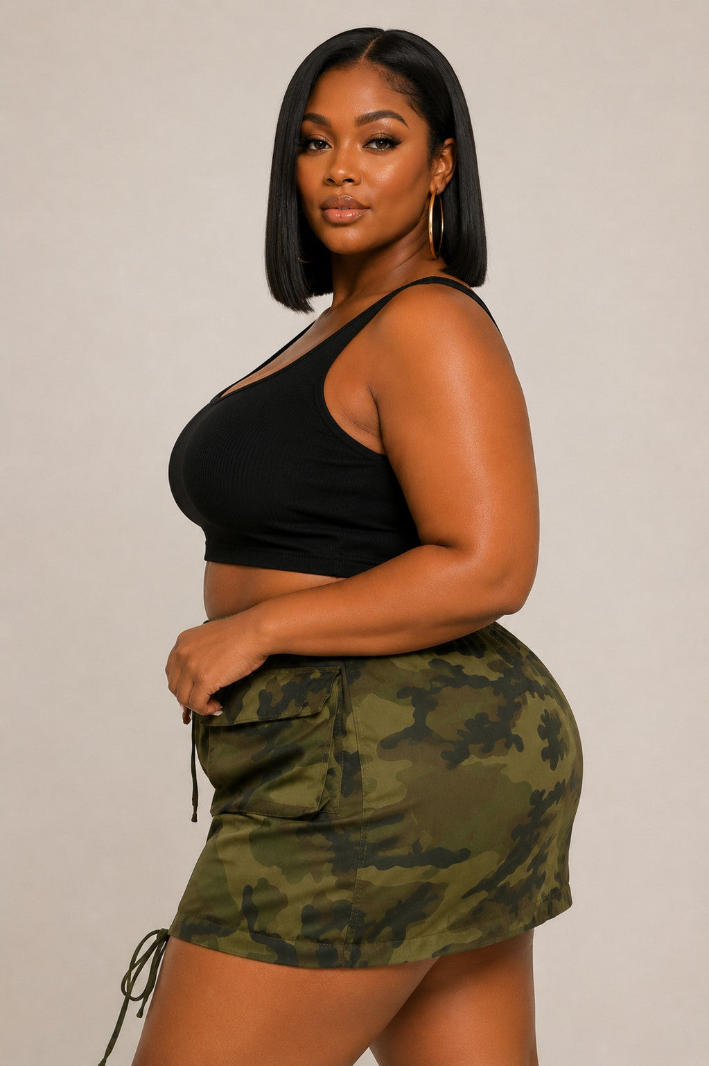 Plus Size Camo Front Zip Up Drawstring Hem Cargo Mini Skirt