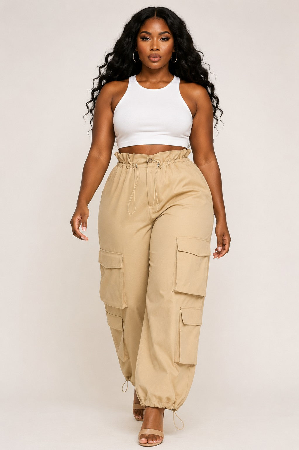 High Elastic Waisted Wide-leg Cargo Jogger Pants