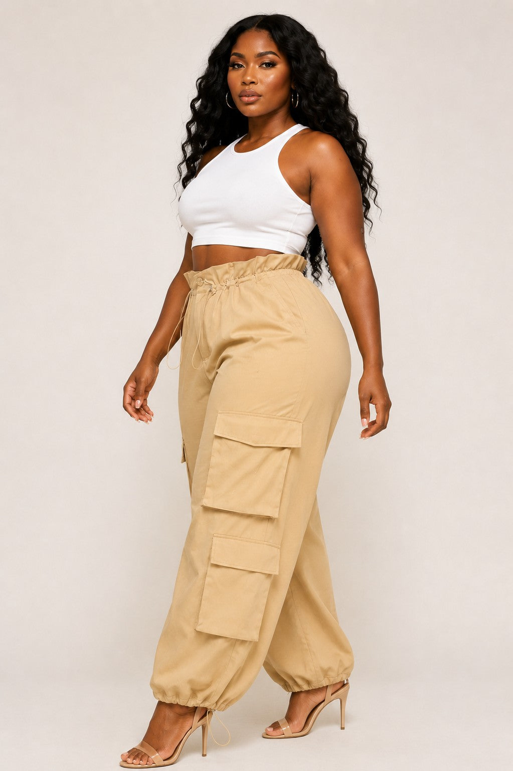 High Elastic Waisted Wide-leg Cargo Jogger Pants