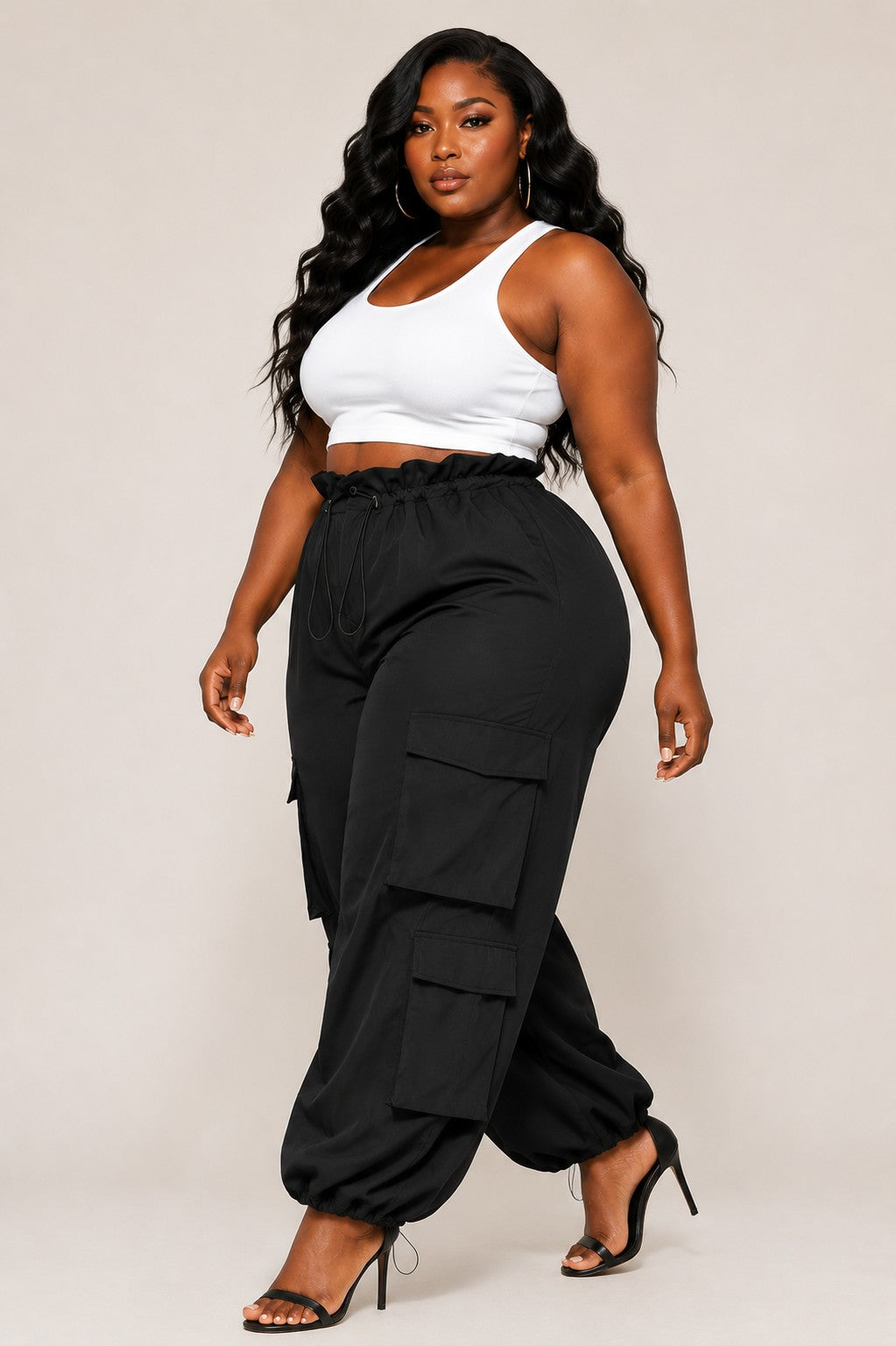 High Elastic Waisted Wide-leg Cargo Jogger Pants