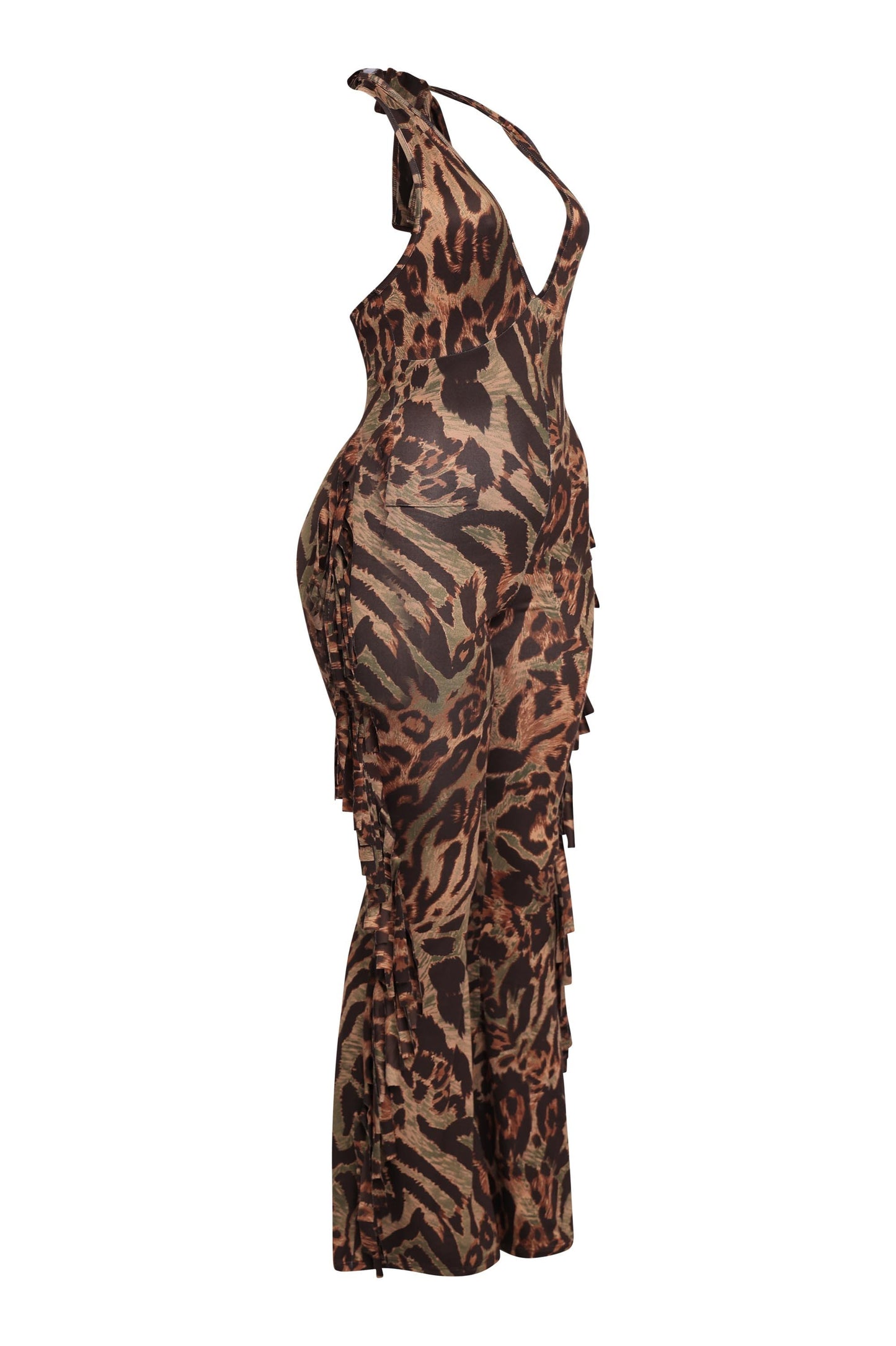 Leopard Halter Fringe Jumpsuit