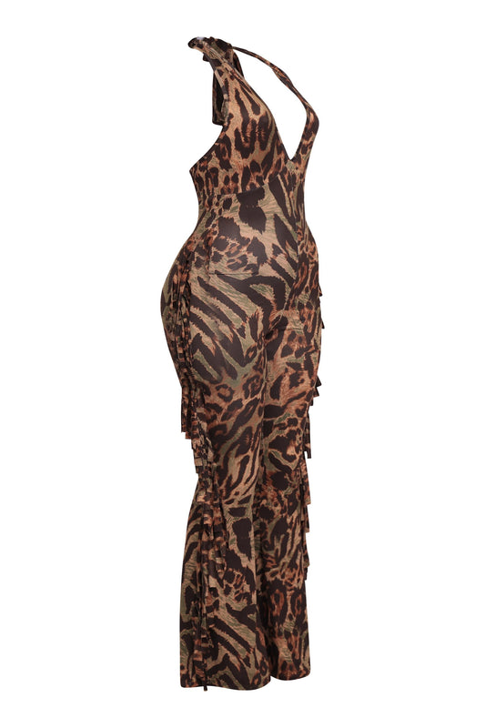 Leopard Halter Fringe Jumpsuit