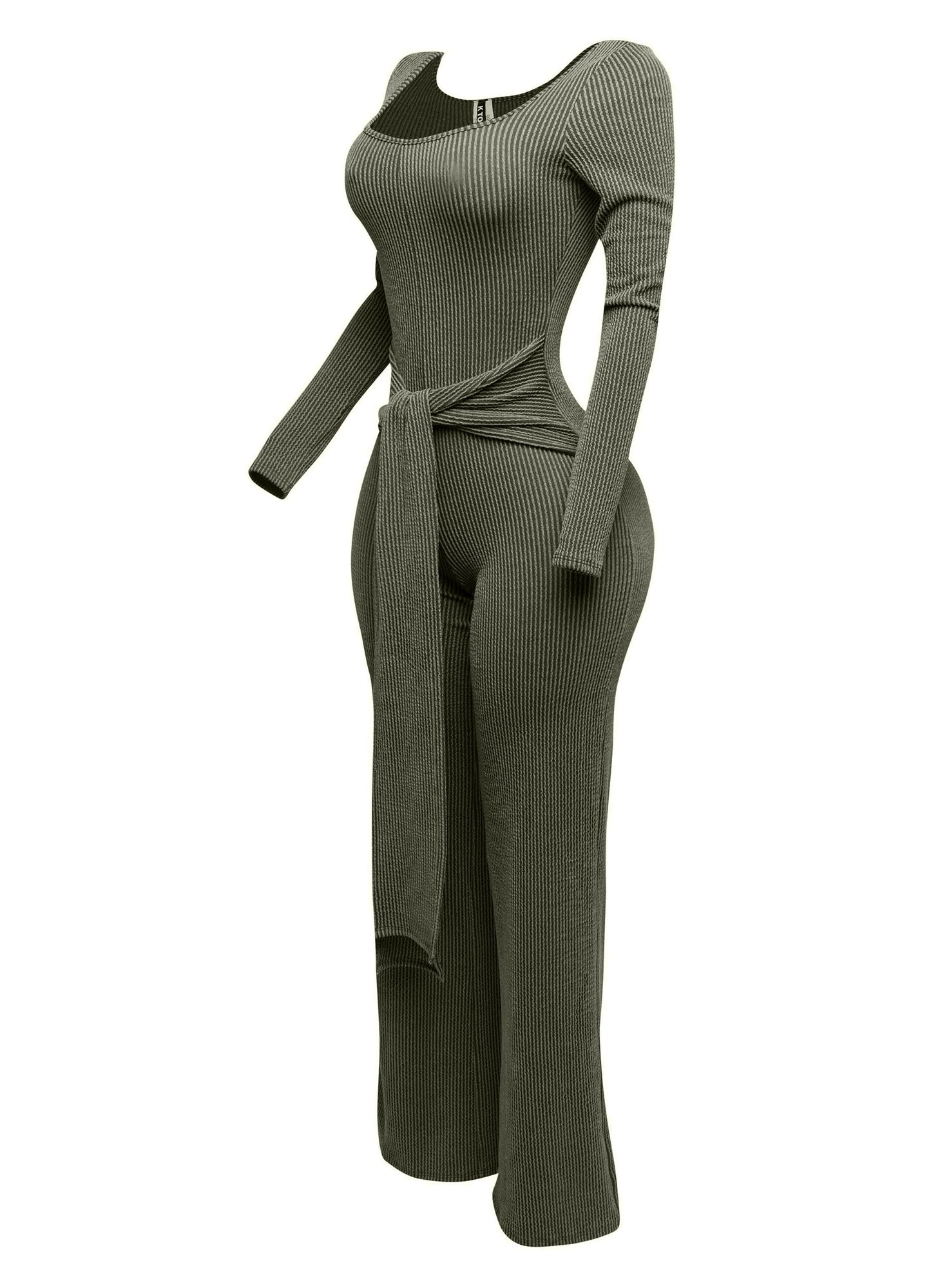 Ribbed Long Sleeve Jumpsuit With Tie