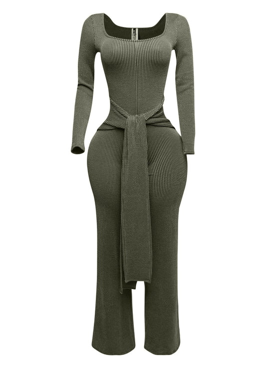 Ribbed Long Sleeve Jumpsuit With Tie