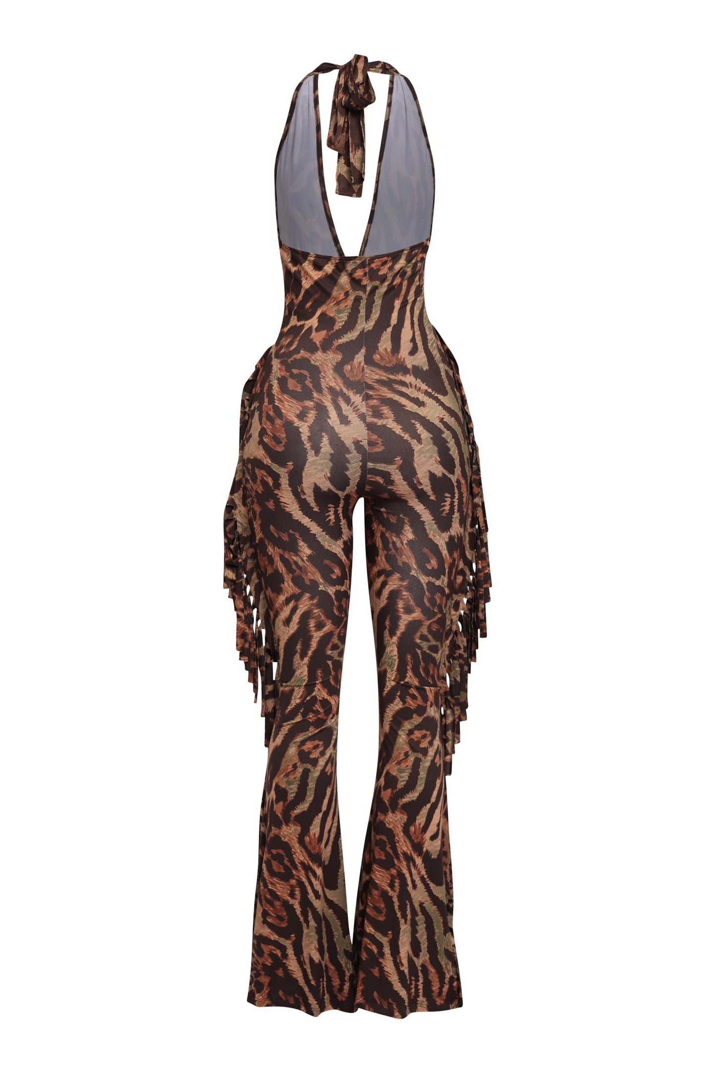 Leopard Halter Fringe Jumpsuit