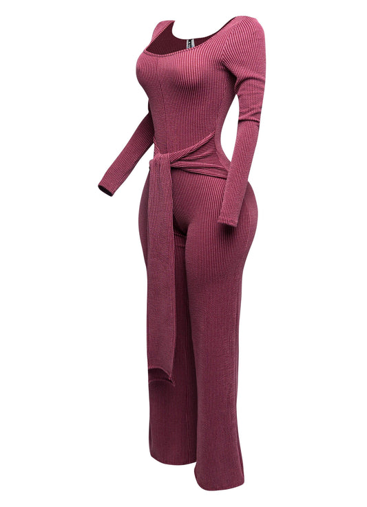 Ribbed Long Sleeve Jumpsuit With Tie