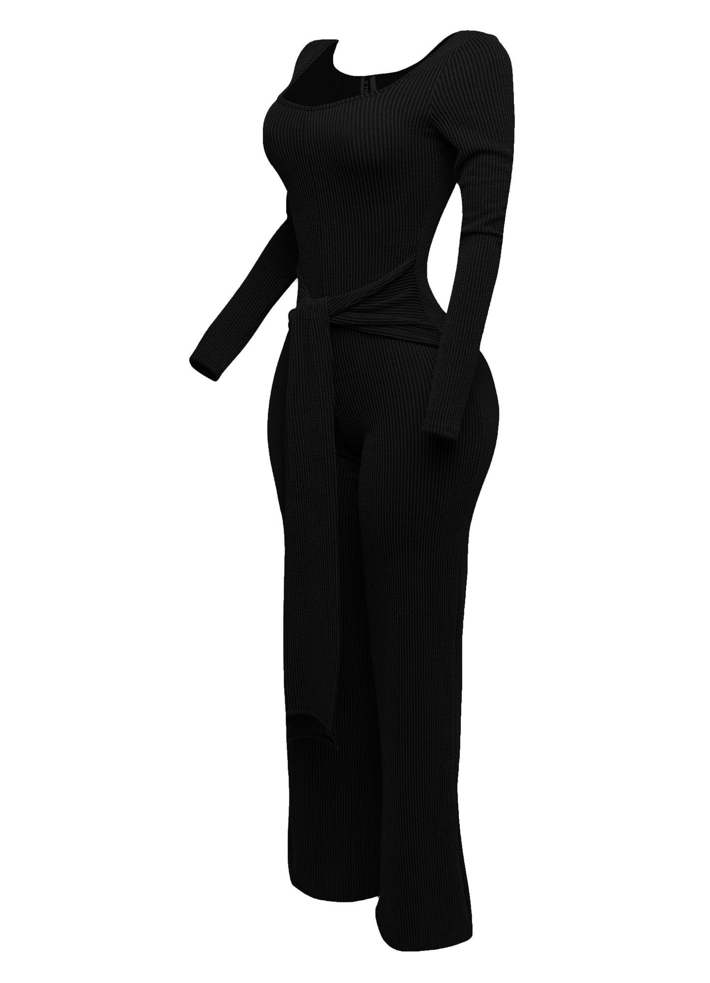 Ribbed Long Sleeve Jumpsuit With Tie