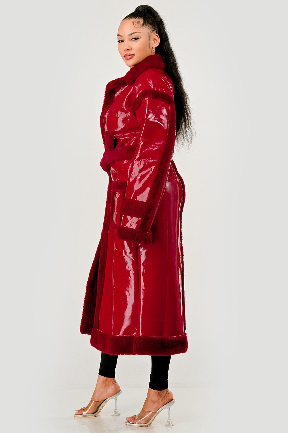 Gloss & Fur Glam" Full-Length Patent Trench Coat