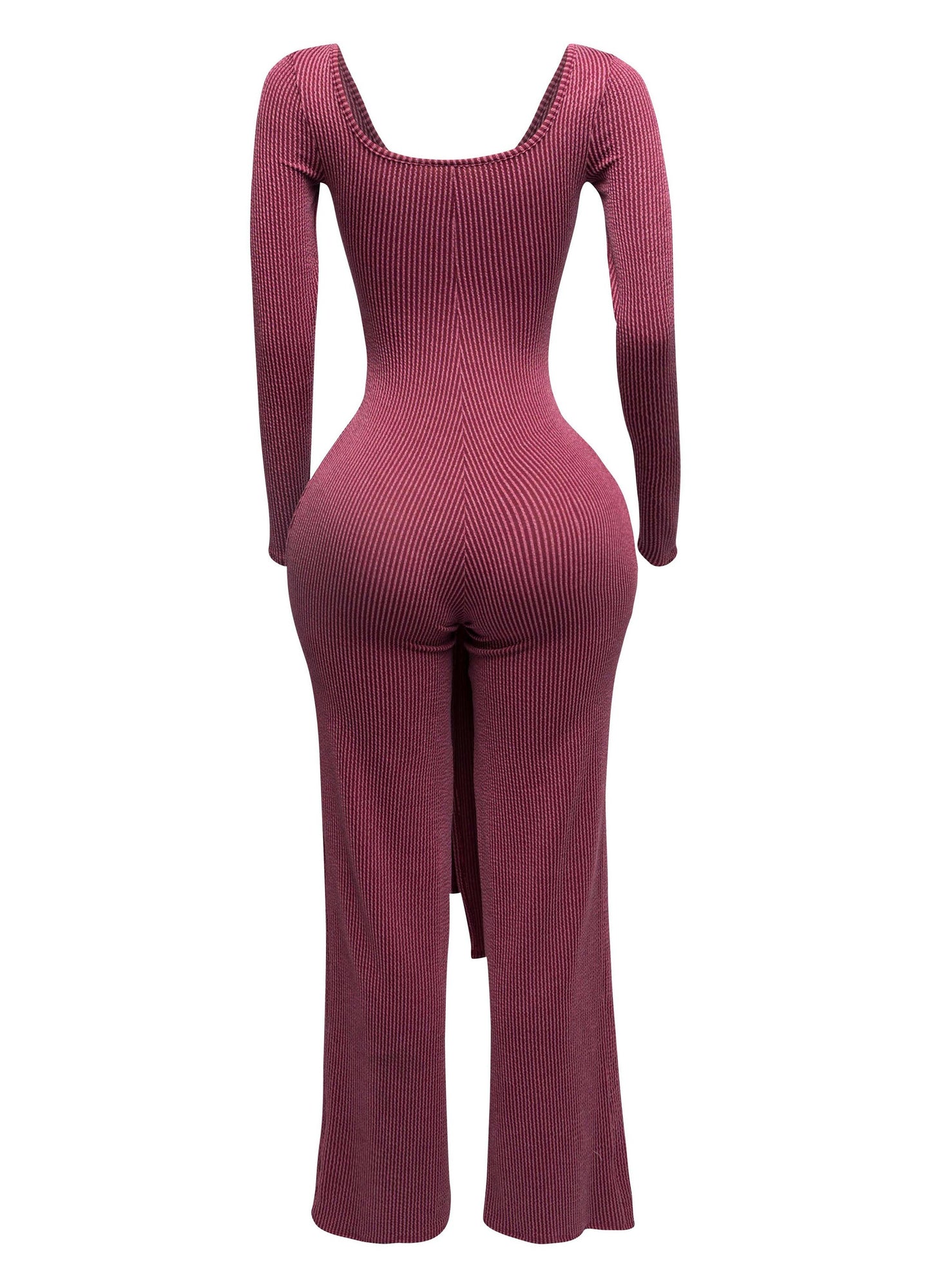Ribbed Long Sleeve Jumpsuit With Tie