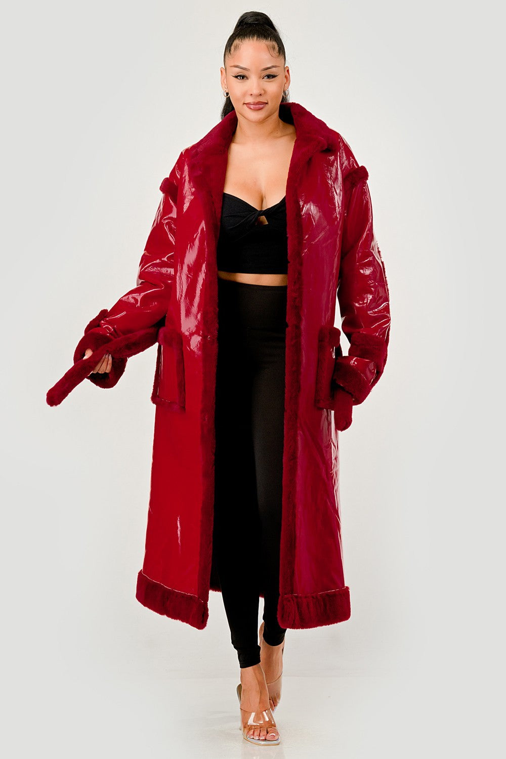 Gloss & Fur Glam" Full-Length Patent Trench Coat
