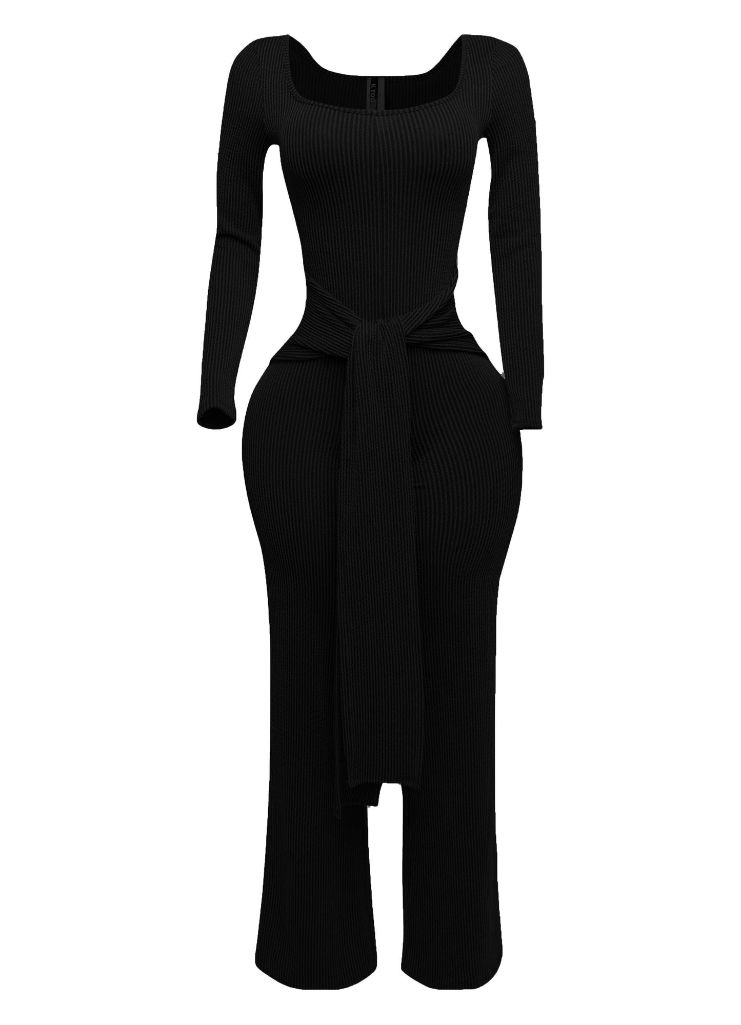 Ribbed Long Sleeve Jumpsuit With Tie