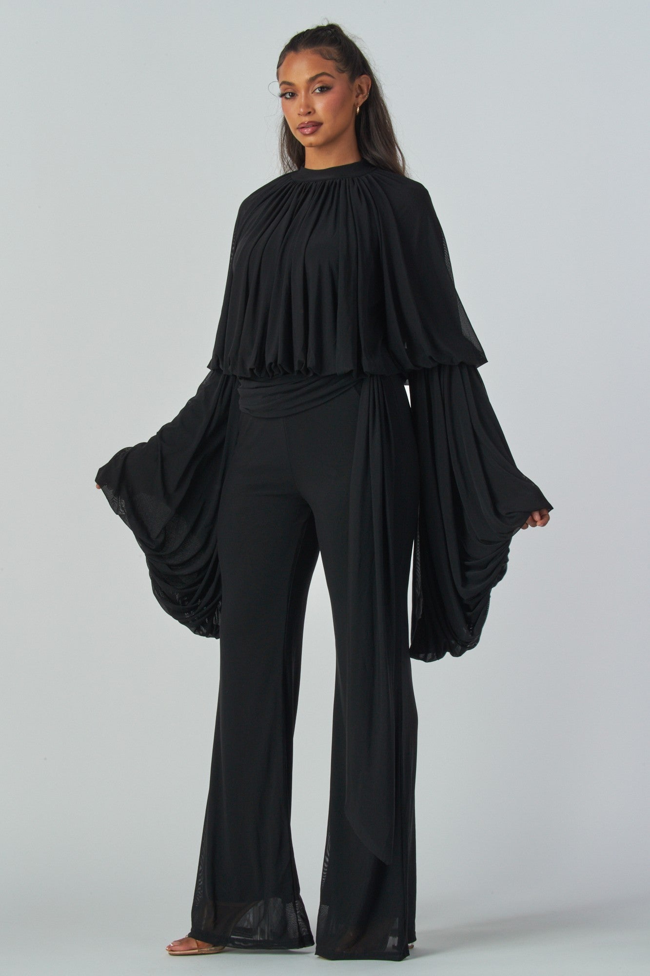 Draped Elegance Bell Sleeve Jumpsuit
