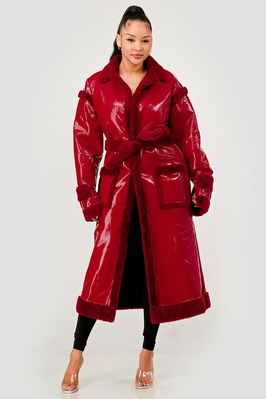 Gloss & Fur Glam" Full-Length Patent Trench Coat