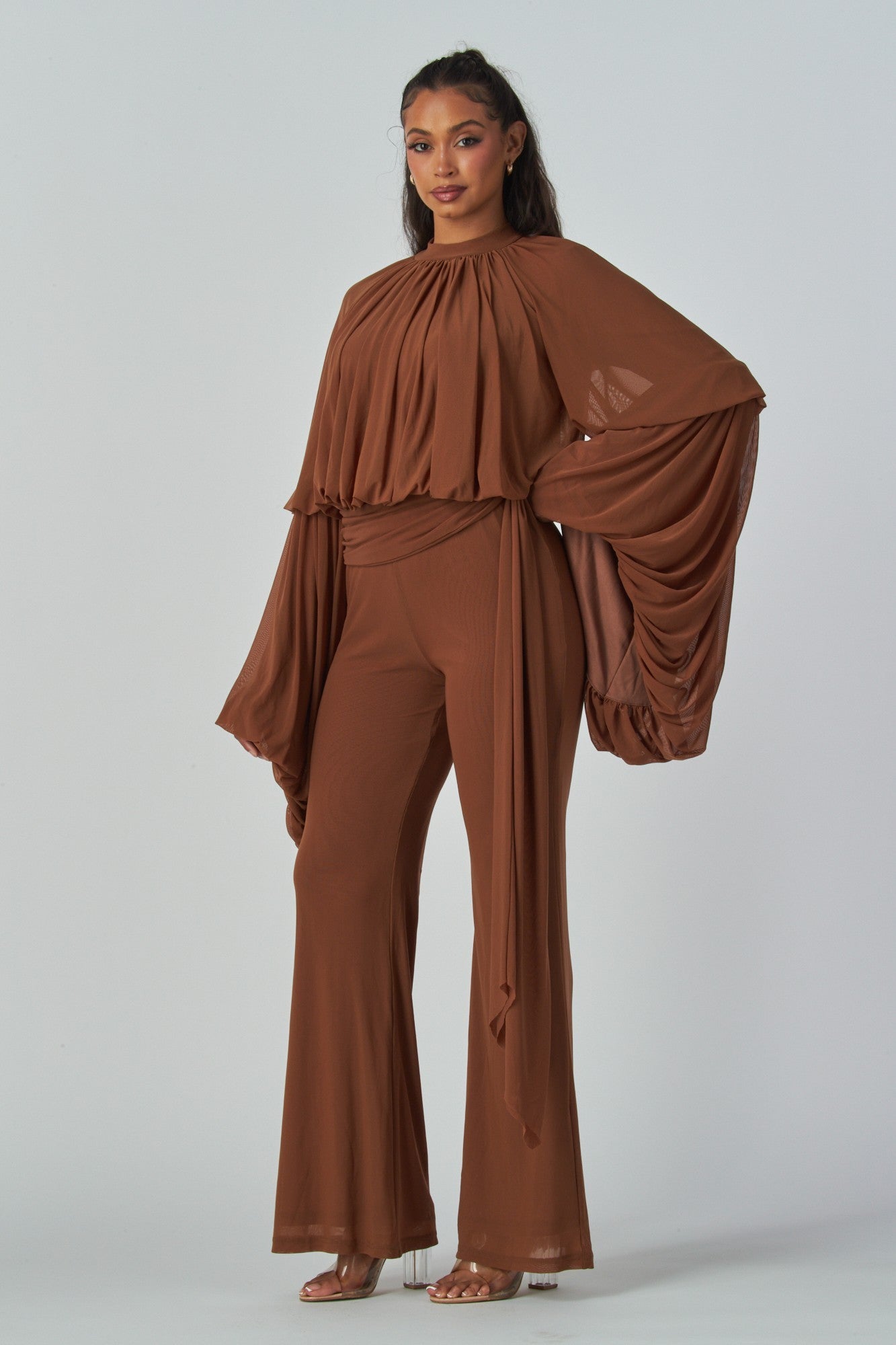 Draped Elegance Bell Sleeve Jumpsuit