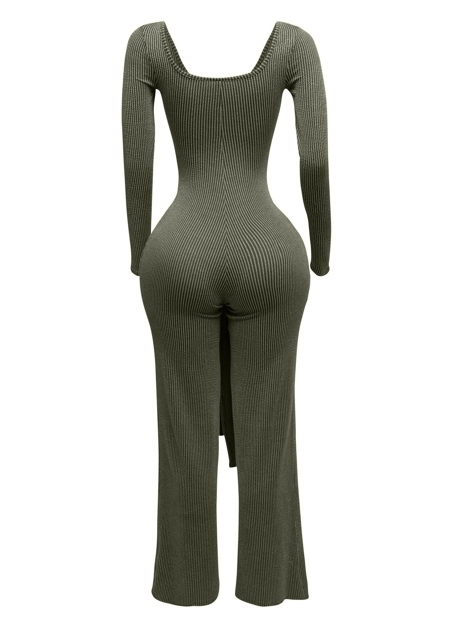 Ribbed Long Sleeve Jumpsuit With Tie
