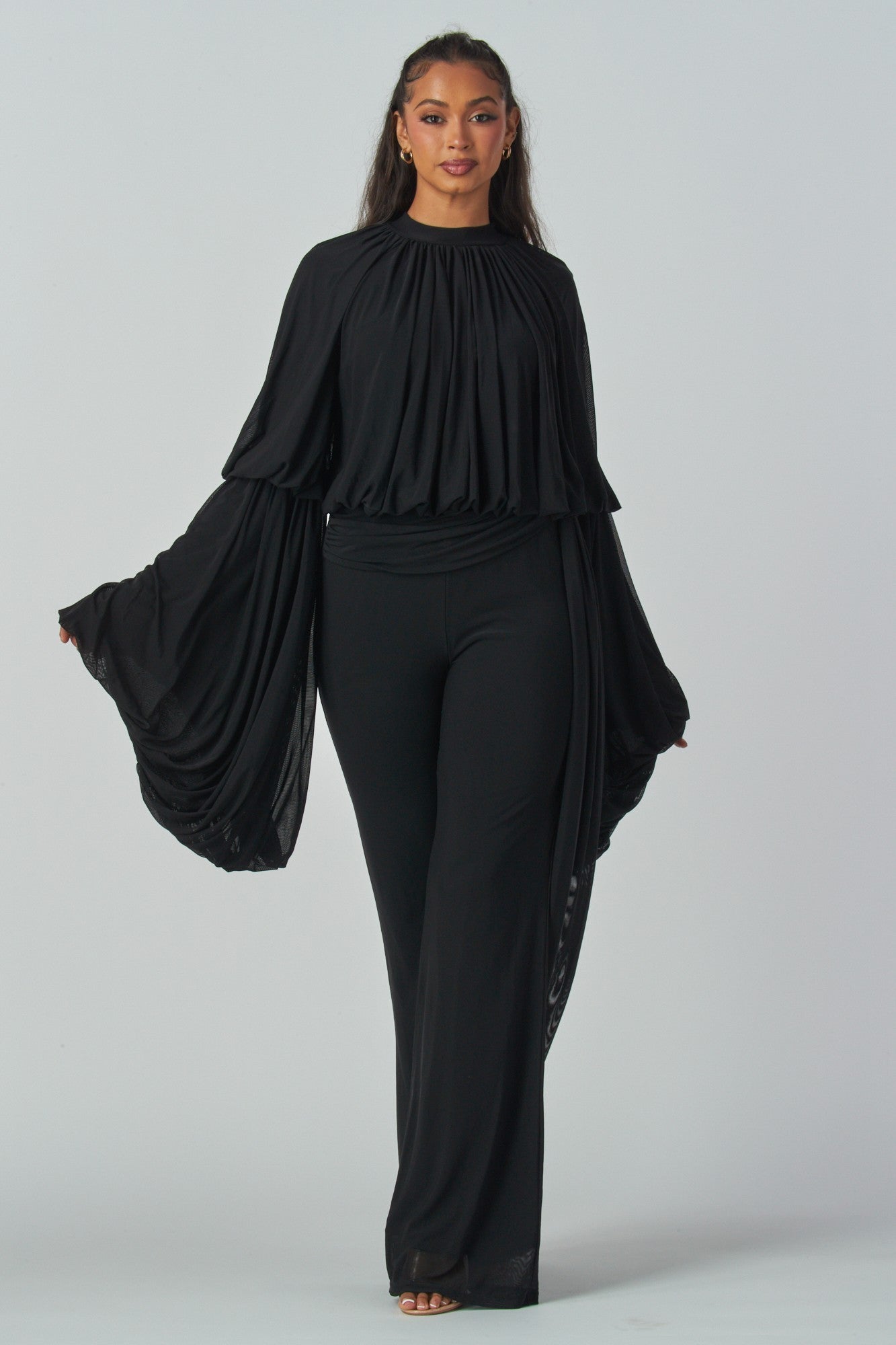 Draped Elegance Bell Sleeve Jumpsuit