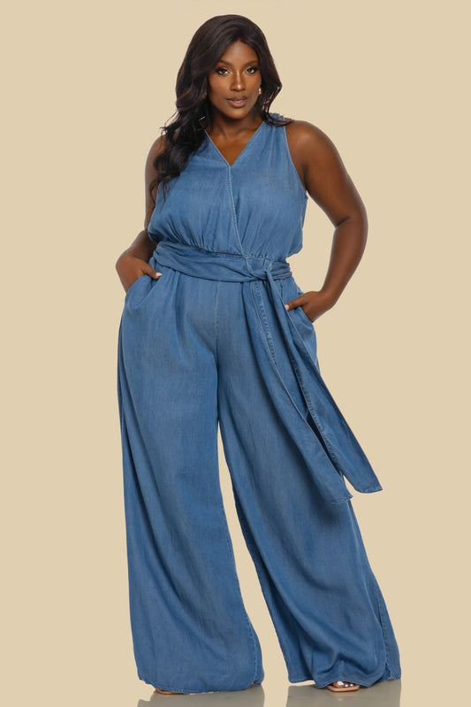 V-NECK SLEEVELESS SUPER WIDE LEG JUMPSUIT