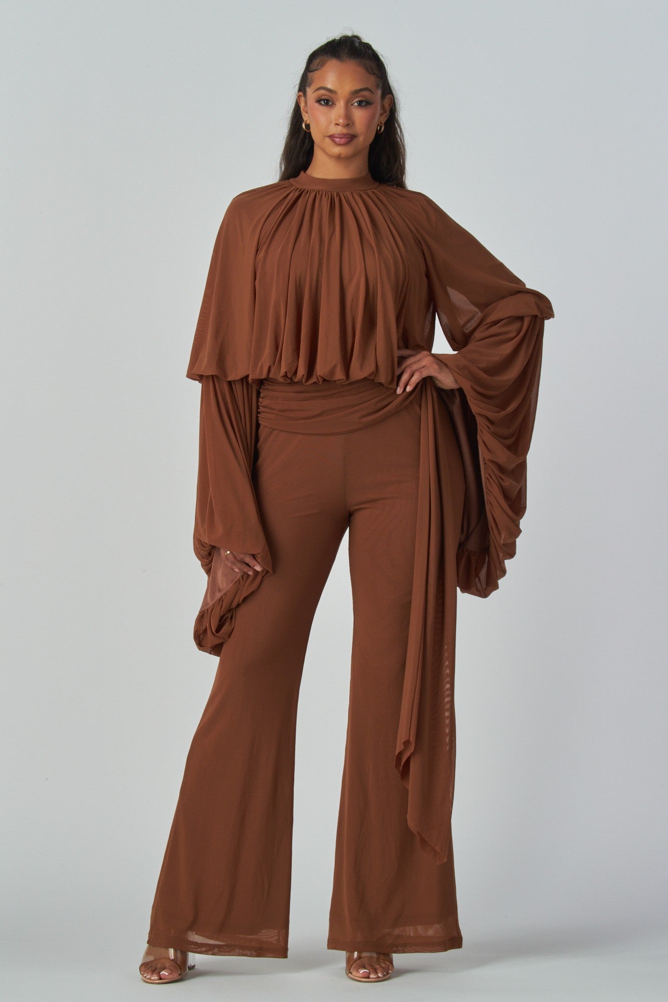 Draped Elegance Bell Sleeve Jumpsuit